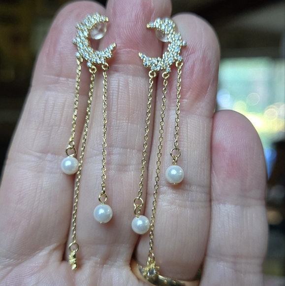 White topaz & pearl Crescent Moon falling star sterling & gold Earrings - Picture 4 of 8